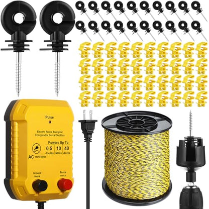 MorningRo Electric Wire Fence Kit, 10 Mile 110vac 0.5 J Plug in Fence Charger with 3366 ft Polywire, 40 T Post Insulators, 20 Screw in Insulators for Pasture Farm Horse Cattle Poultry Fencing - size: 3366FT, style: 0.5J