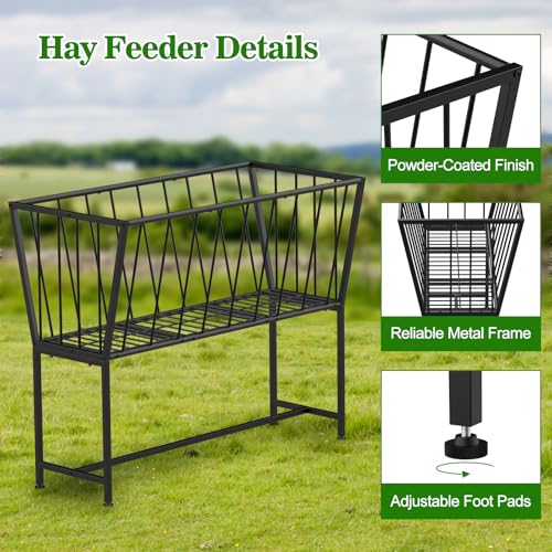 40 Gallon Hay Feeder, 32" Tall Heavy-Duty Metal Hay Rack Indoor Outdoor Use, Freestanding Hay Feeder for Goats Sheep Horses, Black