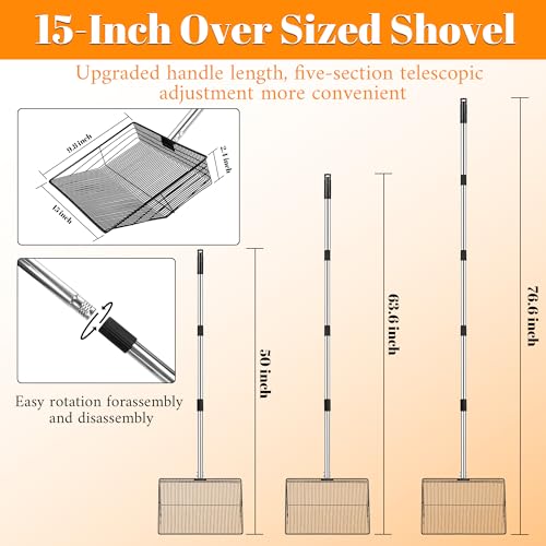 15 Inch Extra Large Chicken Poop Scooper, 37" to 76" Long Stainless Steel Chicken Litter Scoop with Handle and Gloves, Sifting Shovel Pooper Rake Waste Cleaning Tool for Chicken Coop Goat Stall Stable