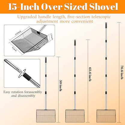 15 Inch Extra Large Chicken Poop Scooper, 37" to 76" Long Stainless Steel Chicken Litter Scoop with Handle and Gloves, Sifting Shovel Pooper Rake Waste Cleaning Tool for Chicken Coop Goat Stall Stable