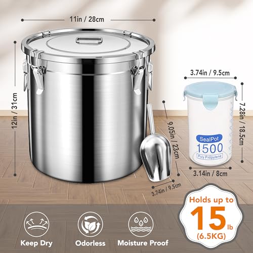 Newget Dog Food Storage Containers, Large Stainless Steel Pet Food Storage Containers 15 lb / 6.5 kg to Keep Fresh, Metal Airtight Cat Food Containers With Scoop and 2 Small Containers - size: 15 lb