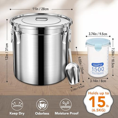 Newget Dog Food Storage Containers, Large Stainless Steel Pet Food Storage Containers 15 lb / 6.5 kg to Keep Fresh, Metal Airtight Cat Food Containers With Scoop and 2 Small Containers - size: 15 lb