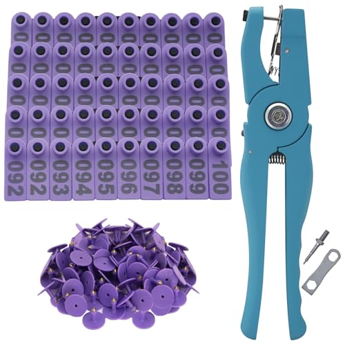 Sheep Ear Tags Numbered 001-100 Plastic Livestock Ear Tags with Applicator Pliers for Goat Sheep Pig Dog Deer Farm,100PCS (Purple) - color: Purple
