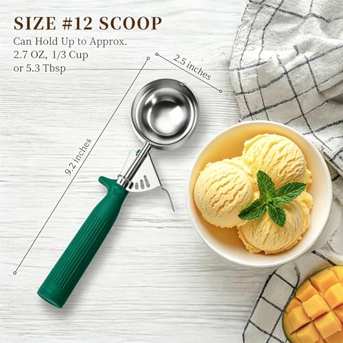 HOMURE H 2.7 OZ Scoop, Ice Cream Scoop with Trigger, #12 Disher, Muffin Scoop, Cookie Scoop for Baking, Green Handle, for Making Ice Cream Cookie Muffin Cupcake Mashed Potato Meatball - size: #12 (2.7 oz)