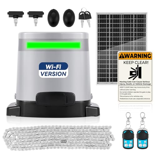 1300lbs Solar Sliding Gate Opener Chain Drive with Built-in Backup Battery, WiFi Remote Control, IR Sensor, Automatic Gate Motor for Heavy Driveway Slide Gates, Off-Grid Operation with Solar Panel | Wi-Fi Version