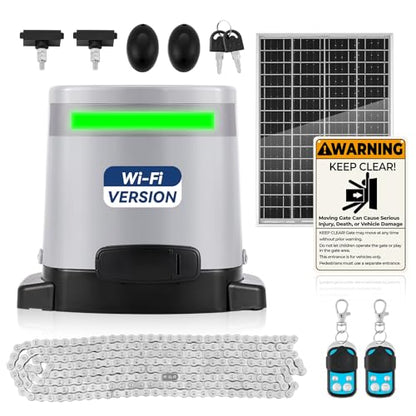 1300lbs Solar Sliding Gate Opener Chain Drive with Built-in Backup Battery, WiFi Remote Control, IR Sensor, Automatic Gate Motor for Heavy Driveway Slide Gates, Off-Grid Operation with Solar Panel | Wi-Fi Version