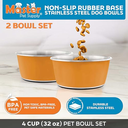 Master Pet Supply Stainless Steel Dog Bowls Set of 2 (32 Oz Each) with Non-Slip Rubber Base - Mango Tango - Basic Dog Food Bowl Water & Food Bowls for Small Medium Large Dogs & Cats, Metal Dish - color: Mango Tango, size: 4 Cups (32 oz) 2 Pack