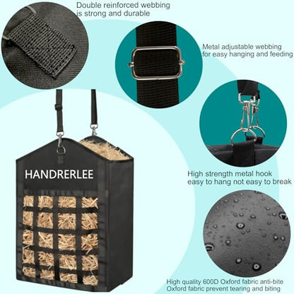 Hay Bags for Horses, 1PCS Slow Feed Hay Bags for Goats, Sheep, Donkey, Two-Sided Premium Oxford Hay Feed Bags and High Strength Metal Clasp, Easy to Hang with Adjustable Strap(Black, Large 1 Pack) - size: 1PCS