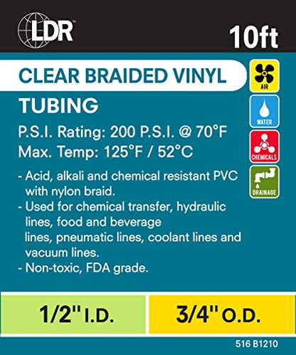 LDR Industries 516 B1210 Clear Braided Nylon Poly Tubing Flexible Non-Toxic, 1/2 Diameter x 10ft, Finish, 10', 10 Feet - color: Clear, size: 1/2" x 10'