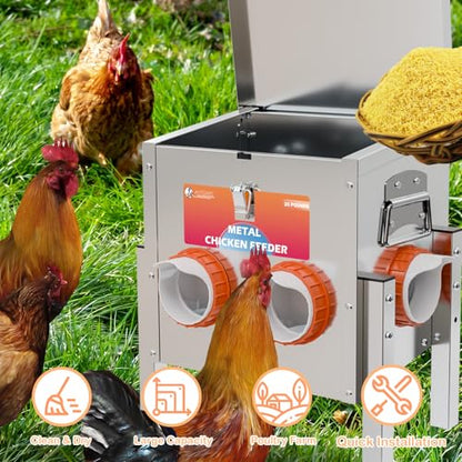 Automatic Chicken Feeder No Waste 25 Pounds 4 Ports Metal Poultry Feeder with Adjustable Legs Perspective Window Latch & Handle for Chickens Bantams Pheasants - size: 4 Ports - 25 LBS