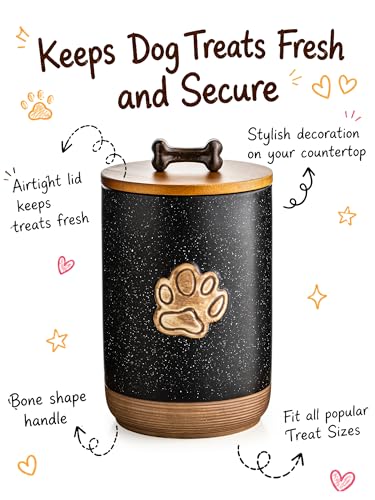 Miamolo Dog Treat Container Airtight Dog Treat Storage Jar with Lid, 8 Cups Ceramic Dog Food Storage Container with Handle, Rustic Dog Cookie Jar - Gift for Dog Lovers, Paw Dotted Black - color: Paw Dotted Black