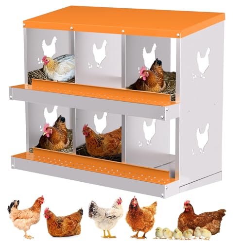 6 Compartment Chicken Nesting Box, Galvanized Steel Metal Laying Box with Removable Tray Roll-Out Egg Collection, Wall Mount Hen Roosting Box, Easy Egg Collection - color: Orange, size: 6 holes