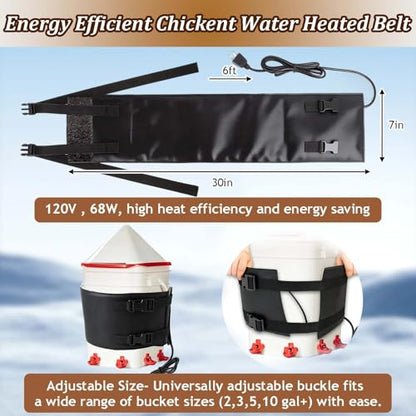 7" W×30" L Chicken Water Heater Belt Strap, Energy Saving Heated Poultry Coop Waterer Warmer with 6ft Cable for Prevent 2-5 Gal Bucket Freeze in Extremely Cold Winter,Auto Temp Control& Easy Install