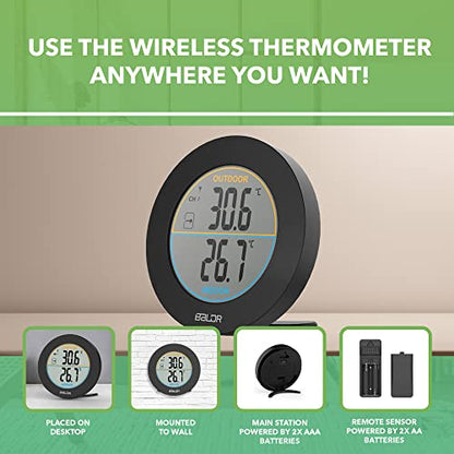 BALDR Wireless Indoor Outdoor Thermometer - 2.5” LCD Display Digital Thermometer for Home - Surface or Wall Thermometers Indoor & Outdoor Weather Station, Wireless Remote Transmitter Included (Black)