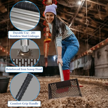 Kalekey Heavy Duty Chicken Coop Rake and Scoop, 15 Inch Extra Large Chicken Coop Rake with Adjustable Stainless Steel Handle (25 to 73 Inch)，Metal Multi-Use Cleaning Shovel for Coops, Beach（Brown） - color: Brown
