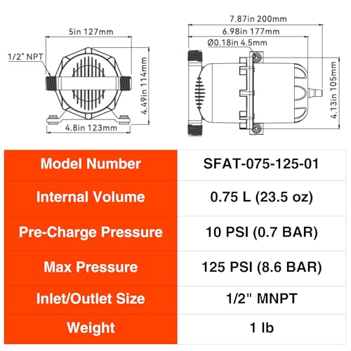 SEAFLO Accumulator Tank Water Pump Flow Control with Internal Bladder - 125 PSI, 23.5 oz (0.75 L) | Reduces Pump Cycling and Smooths Water Flow for Marine, RV, and Off-Grid Systems - style: Diaphragm