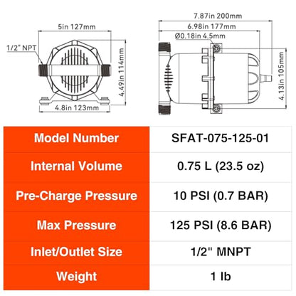 SEAFLO Accumulator Tank Water Pump Flow Control with Internal Bladder - 125 PSI, 23.5 oz (0.75 L) | Reduces Pump Cycling and Smooths Water Flow for Marine, RV, and Off-Grid Systems - style: Diaphragm