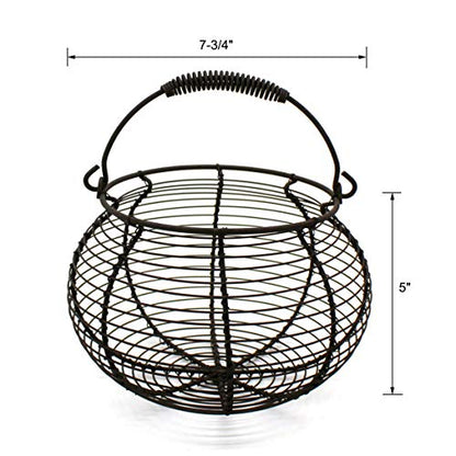 CVHOMEDECO. Rustic Wire Egg Basket with swimming Handle Primitives Vintage Gathering Basket. Rusty - size: 7-3/4" Dia. x 5" H - Rusty