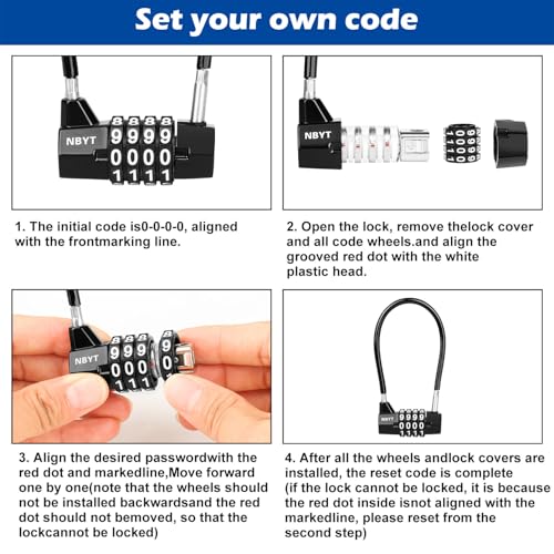 Cable Locks with Combination,Steel Cable Rope Wire 4-Digit Combination Lock with Resettable Code for Bikes, Lockers, File Cabinets, Wardrobes, Small Fences,gate Lock, Pool Padlock. - size: Span 3.5 in,Cable length 7*0.2 in