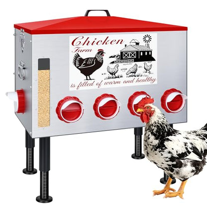 100Lb Automatic Chicken Feeder with Window 8 Port No Waste Rust-Proof Galvanized Steel with Locking Lid & Adjustable Height Legs Waterproof Portable Poultry Feeder for Chickens,Ducks,Geese - size: 100LB