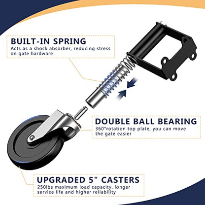 Ronlap Gate Caster Wheels Spring Loaded for Wooden Metal Tube Swing Fence Gates Heavy Duty Outdoor Farm Gate Roller, 250Lbs, Upgraded 5 Inches, 2 Pack - style: Upgraded 5 Inches Without Brake