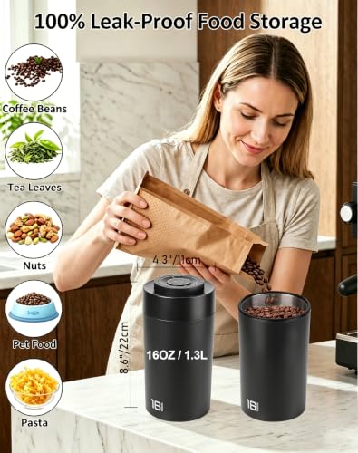ROTTOGOON Auto Vacuum Coffee Canister, Rechargeable Airtight Coffee Container with 304 Stainless Steel Inner, Scoop, Sealed Coffee Bean Storage Container for Ground Coffee, Tea, Food, 16OZ/ 1.3L - size: 1.3L/16OZ