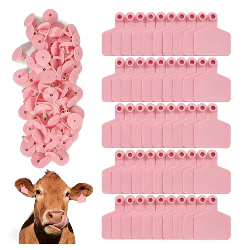 100 Blank Cattle Ear Tags | Large Plastic Precision Animal Identification Blank Livestock Ear Tags | Suitable for Farm Management of Cattle, Horses, Dogs, Pigs, Goats, and Sheep Pink - color: Pink