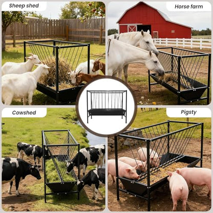Heavy Duty 2-in-1 Pasture Hay Feeder, Livestock Feeder 70 Gallon, Galvanized Metal Goat Feeder with 2 Trays, Hay Grain Livestock Feeder for Sheep, Calf, Cow and Horse - color: Black Carbon Steel