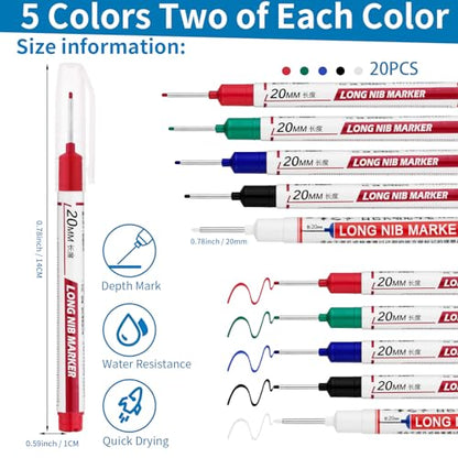 20 PCS Long Head Deep Hole Marker Pens,20mm Long Nib Marker, Longs Nose Markers, Waterproof Construction Markers Marking Tool,Permanent Markers Carpenter Ink marker Pens,Metal marking Pens - color: 20PCS-20MM-Red/Blue/Green/Black/White