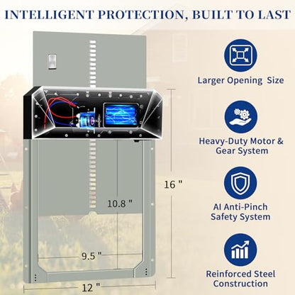 Automatic Chicken Coop Door with Timer & Remote Control, Solar Powered with Dual Lights, 16”x12” Door, Anti-Pinch Alarm, Waterproof Aluminum, 5-Year Warranty for Poultry