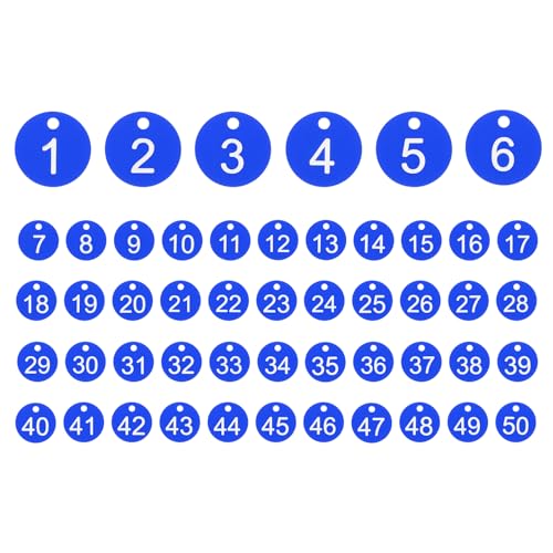 PATIKIL 50PCS Number Tags 1-50, Number Key Tags Plastic Numbered Keychain for Organizer Field Sales Hangers Clothes Labels ID, Blue - color: Blue