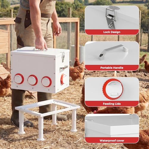 Automatic Chicken Feeder 50lbs Capacity Metal Chicken Feeder with 8 Ports No Waste Chicken Feeder Weatherproof Poultry Feeding Equipment with Handle, Locking Lid & Adjustable Legs for Outdoor