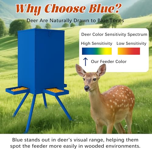 PROLEE 85lbs Deer Feeder,Weatherproof Deer Feeders with 4 Feeding Tray and 4-Leg Stand,Heavy Duty Metal Gravity Feeder for Deers and Wildlife (Blue) - color: Blue