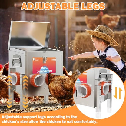 Automatic Chicken Feeder No Waste 25 Pounds 4 Ports Metal Poultry Feeder with Adjustable Legs Perspective Window Latch & Handle for Chickens Bantams Pheasants - size: 4 Ports - 25 LBS