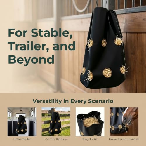 Horse Feed Bag - Large Capacity 600D Tear Resistant Fabric with Hanging Rope and Reinforced Metal Connection - Slow Feeder for Horses Goats and Sheep Used in Stalls Barns or Trailers