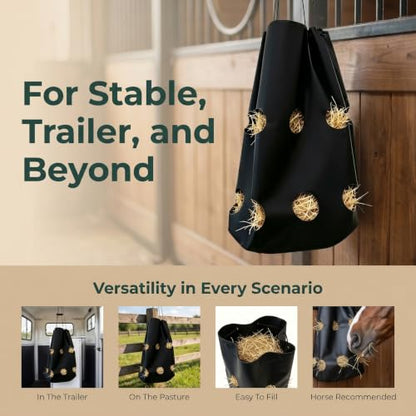 Horse Feed Bag - Large Capacity 600D Tear Resistant Fabric with Hanging Rope and Reinforced Metal Connection - Slow Feeder for Horses Goats and Sheep Used in Stalls Barns or Trailers