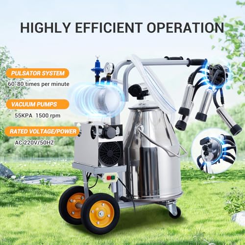 Cow Milking Machine Portable, Cow Milker Machine 25L/6.6 Gallon Stainless Steel Bucket Automatic Cow Milker with Vacuum Pulsation, 550W 2 in 1 Milking Machine for Cows and Goats on Mobile Cart