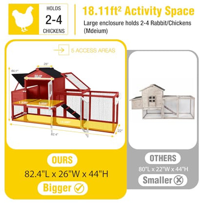 Aivituvin Mobile Chicken Coop with Wheels for 4-6 Chickens, Backyard Expandable Chicken House Duck Cage with Run, 2 Nesting Boxes, Easy Clean Pull-Out Tray, Leak-Resistant Asphalt Roof, 82.4"(Red) - color: Red, size: 82.4"L x 26.0"W x 44.0"H