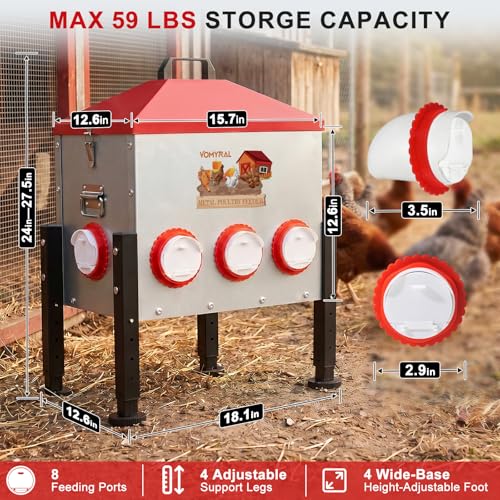 Automatic Chicken Feeder, 55LB Large Chicken Feeder with 8 Feeding Ports, No Waste Metal Poultry Feeder, Rat Proof Design, View Window, Height-Adjustable Legs for Ducks, Geese & Chickens - size: 8 Ports - Max 55 lb
