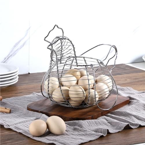 Egg Basket Holder Countertop Metal Wire Egg Basket With Handle, Chicken Shaped Collection Storage Portable Collecting Portable