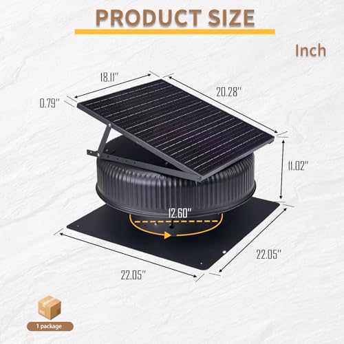 12" Solar Attic Fan, 42W Adjustable Solar Roof Vent Fan | Remote 3 Speed Control, Auto Start Over 25°C, 1200 CFM, MPPT Controller, For Attic, Garage, Warehouse - color: Black+Square 1