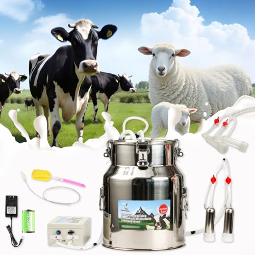 Upgrade 2-in-1 Goats and Cows Milking Machine, 3.7Gal/14L Food-Grade Stainless Steel Bucket with 5200mAh Built-in Rechargeable Battery, 4 Teat Cups, Cordless Pulsation Vaccum Electric Milking Machine - size: 14L Two-in-One Milking Machine