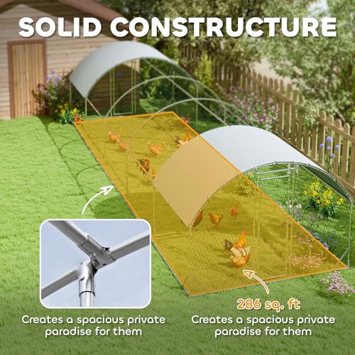 PawHut 9.2' x 31.2' x 6.5' Large Chicken Coop Metal Chicken Run w/Waterproof and Anti-UV Cover, 2 Lockable Doors, Dome Shaped Walk in Hen House for 30-40 Hens, Ducks, Poultry, Outdoor Yard Farm Use - size: 374.0"L x 110.2"W x 77.6"H