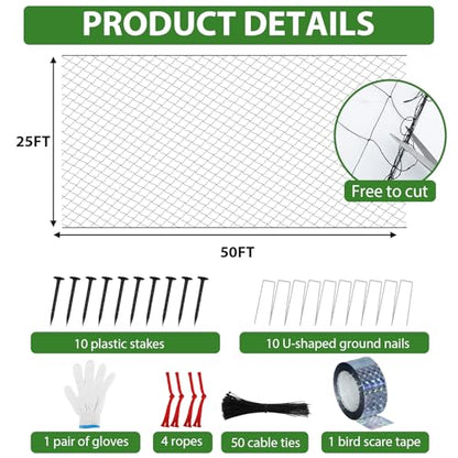 Unves Bird Netting 25' x 50' with 2.4" Square Mesh Bird Net for Chicken Coop, Heavy Duty Nylon Poultry Netting for Garden Protect Fruit Trees, Vegetables and Plants Against Birds, Deer - size: 25' x 50'