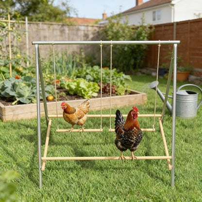 Chicken Swing Set, Metal Frame with Wooden Perches, Garden Poultry Entertainment, Coop Accessories,Chicken Perch for Coop,Chicken Roosting Bars