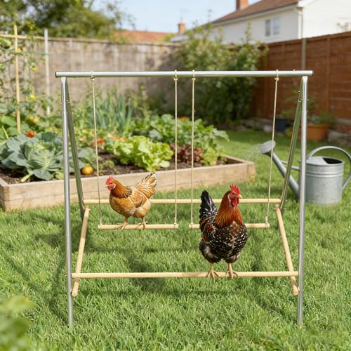 Chicken Swing Set, Metal Frame with Wooden Perches, Garden Poultry Entertainment, Coop Accessories,Chicken Perch for Coop,Chicken Roosting Bars
