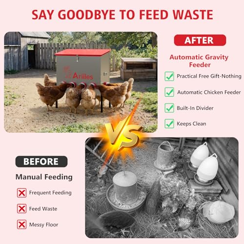 Automatic Chicken Feeder Box, 100lb Capacity, 10 No-Waste Ports, Metal Poultry Feeder with Covered Lid & Elevated Stand, Feed Dispenser for Chickens, Ducks & Backyard - size: 100 LB