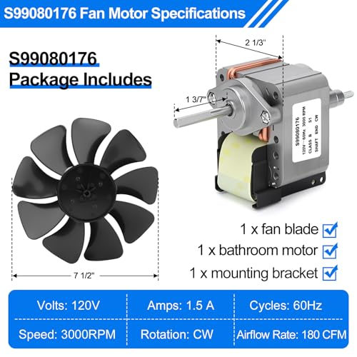 S99080176 99080176 Bathroom Exhaust Fan Motor – 180 CFM Powerful Vent Fan Motor, Compatible with 505-A, 505-B, 505MG, 507-A, 507-B, 507-C, 507-MG Bathroom Fan Motor SP-61K32