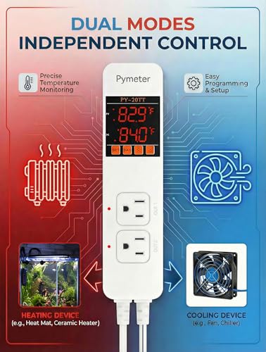 2 in 1 Digital Temperature Controller Dual Outlet Heat Mat Thermostat Reptile Greenhouse Heater Home Brewing Freezer Cooling Heating Pad Control 16A 1920W