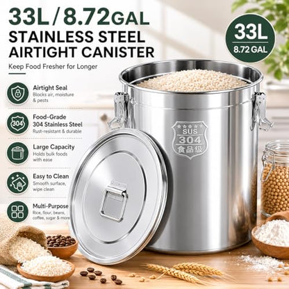 33L/8.72gal Stainless Steel Airtight Canister, Food Storage Canisters with Airtight Lid&Locking Clamp, Rice Cereal Grain Canisters Container, Storager Bucket for Flour, Coffee Bean, Sugar, Cookie - color: 33L